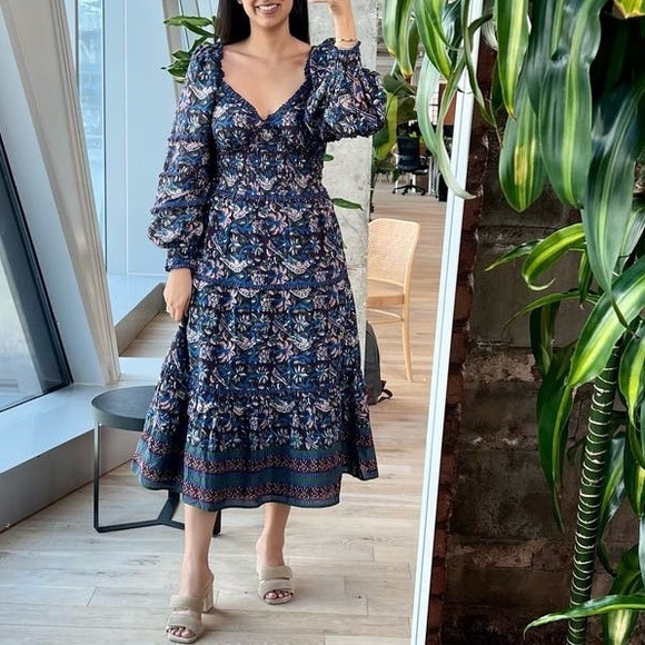 SEA Dresses & Skirts - SEA NEW YORK Navy Pink Noah Smocked Long Sleeve Midi Dress Size 2